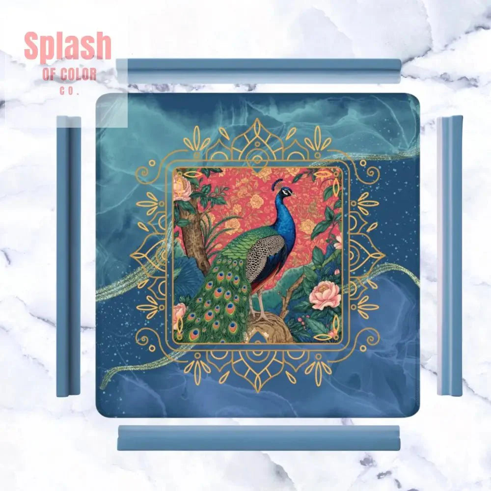 Peacock Elegant Marbled Blue, Chinoiserie Asian Garden Mahjong Mat