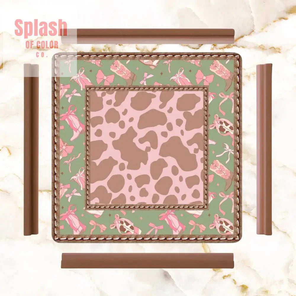 Preppy Cowgirl Mahjong Mat, Pink, Green Cow Print Fun Mahj Game Mat