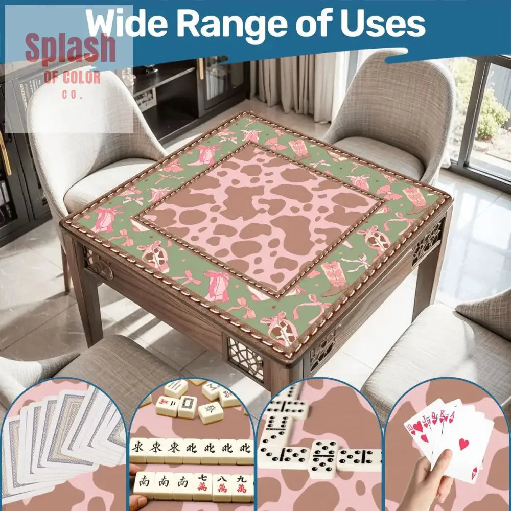 Preppy Cowgirl Mahjong Mat, Pink, Green Cow Print Fun Mahj Game Mat