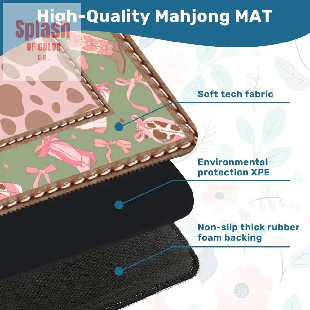 Preppy Cowgirl Mahjong Mat, Pink, Green Cow Print Fun Mahj Game Mat