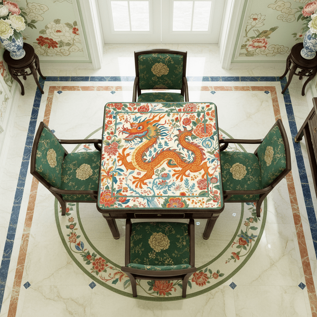 Chinese Dragon Mahjong Mat, Whimsical Colorful Asian Motif Mahj