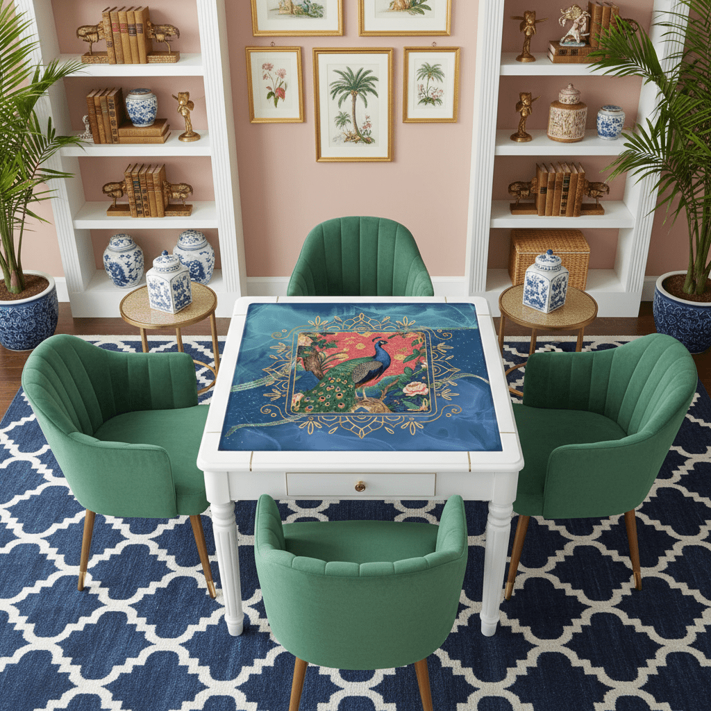 Peacock Elegant Marbled Blue, Chinoiserie Asian Garden Mahjong Mat