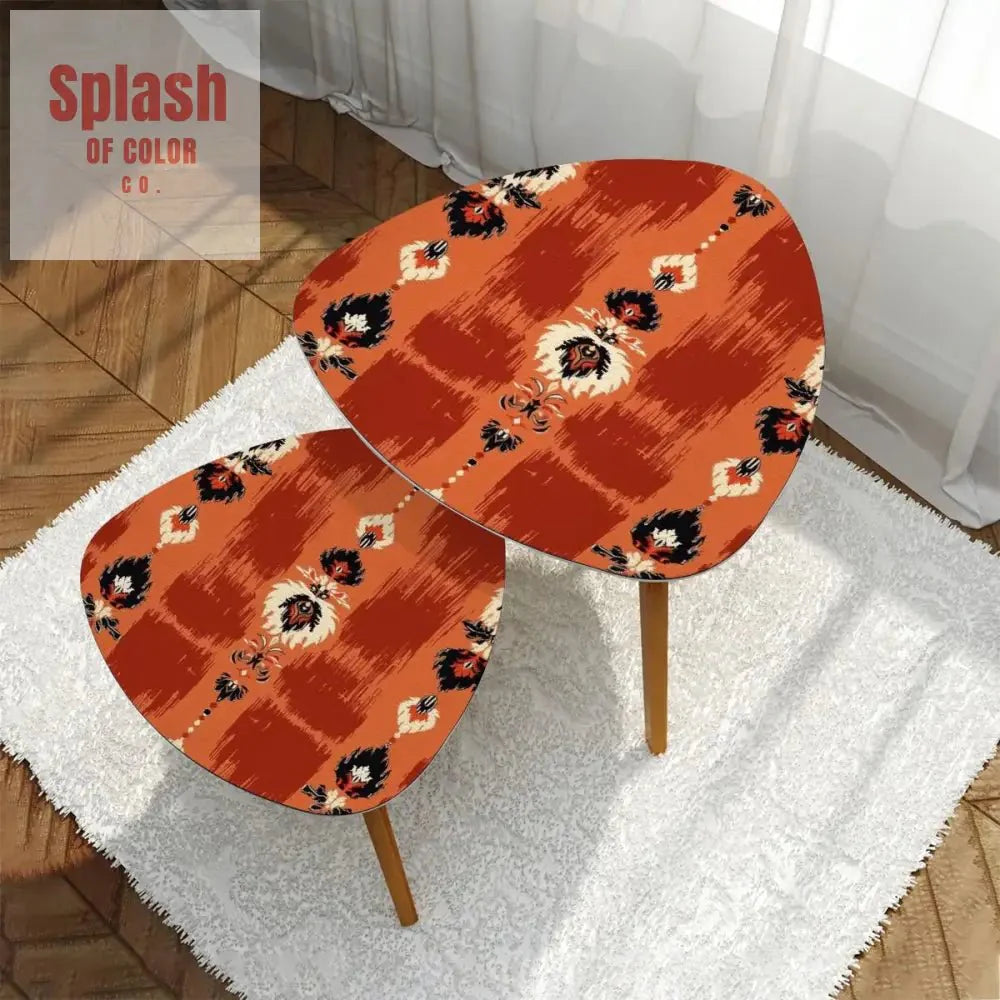 Red & Burnt Orange Ikat Nesting Tables – Watercolor Boho Coffee Table Set, Bamboo Accent Tables for Stylish Home Decor