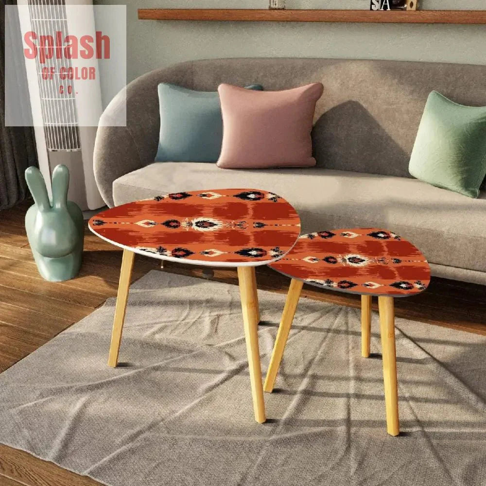 Red & Burnt Orange Ikat Nesting Tables – Watercolor Boho Coffee Table Set, Bamboo Accent Tables for Stylish Home Decor