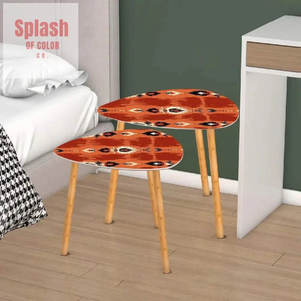 Red & Burnt Orange Ikat Nesting Tables – Watercolor Boho Coffee Table Set, Bamboo Accent Tables for Stylish Home Decor