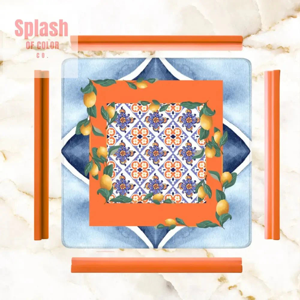 Taste Of Tuscany Citrus Lemon Orange Blue Watercolor Mahjong Mat
