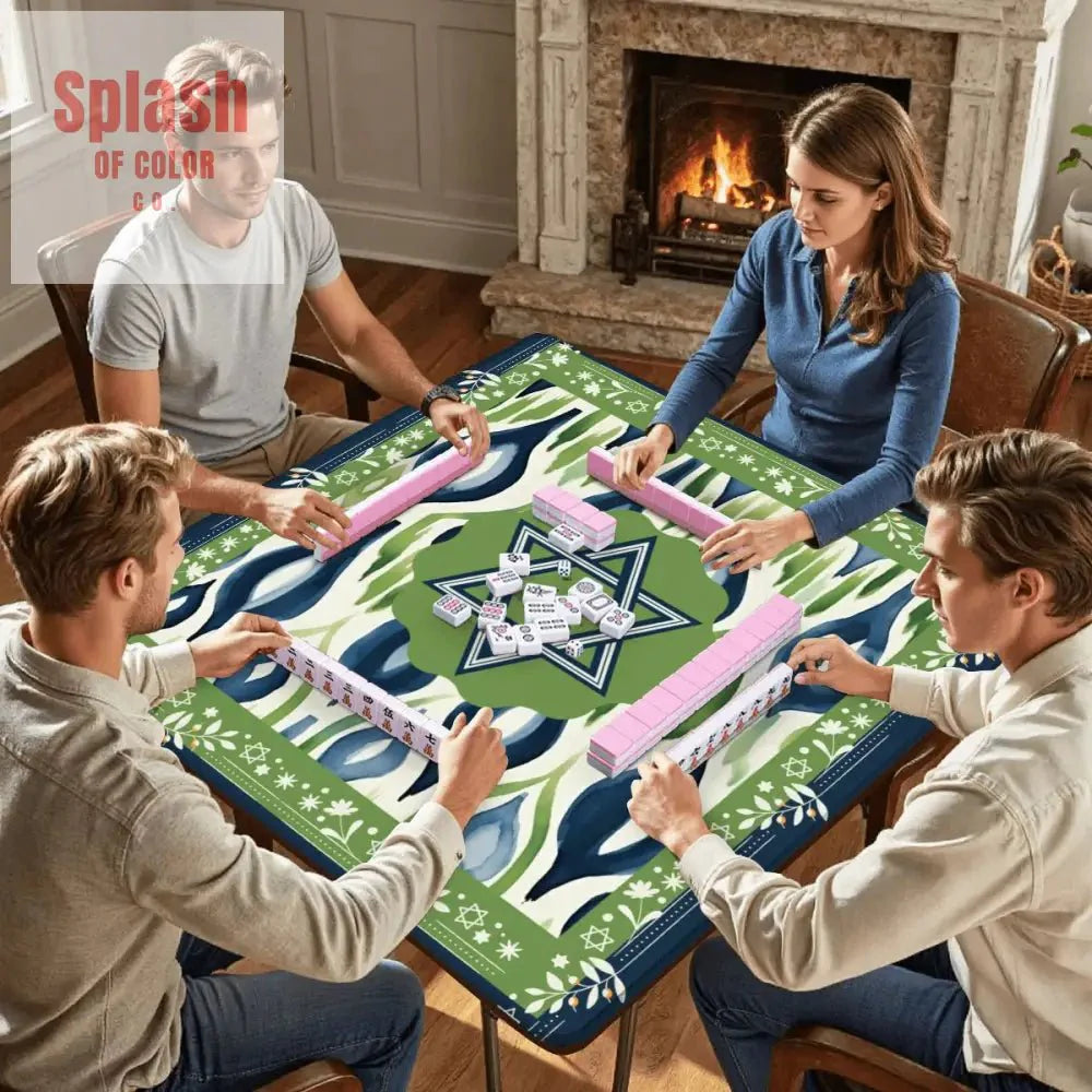The Star Of David Jewish Watercolor Ikat, Green, Blue Mahjong Mat
