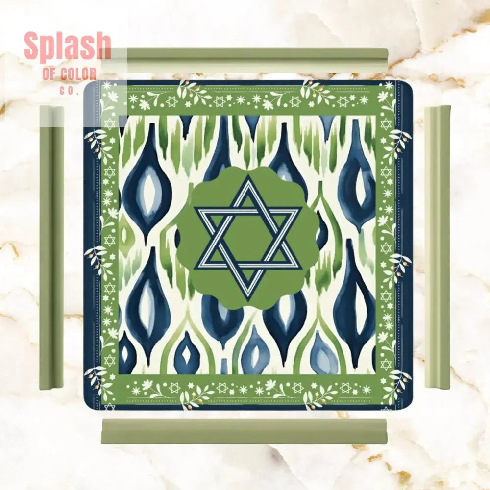 The Star Of David Jewish Watercolor Ikat, Green, Blue Mahjong Mat