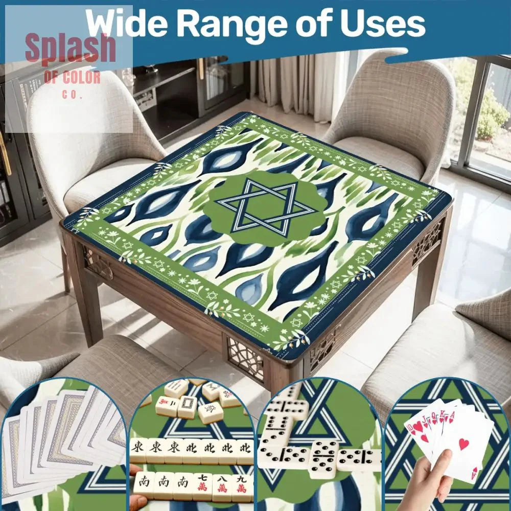The Star Of David Jewish Watercolor Ikat, Green, Blue Mahjong Mat