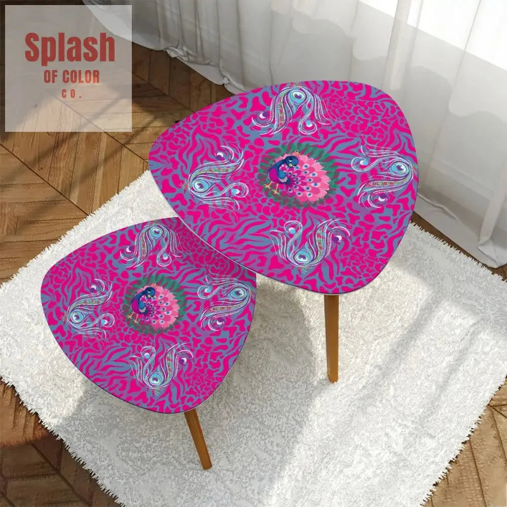 Whimsical Floral Peacock, Tortoise Pink Blue Magical Modern Nesting Tables