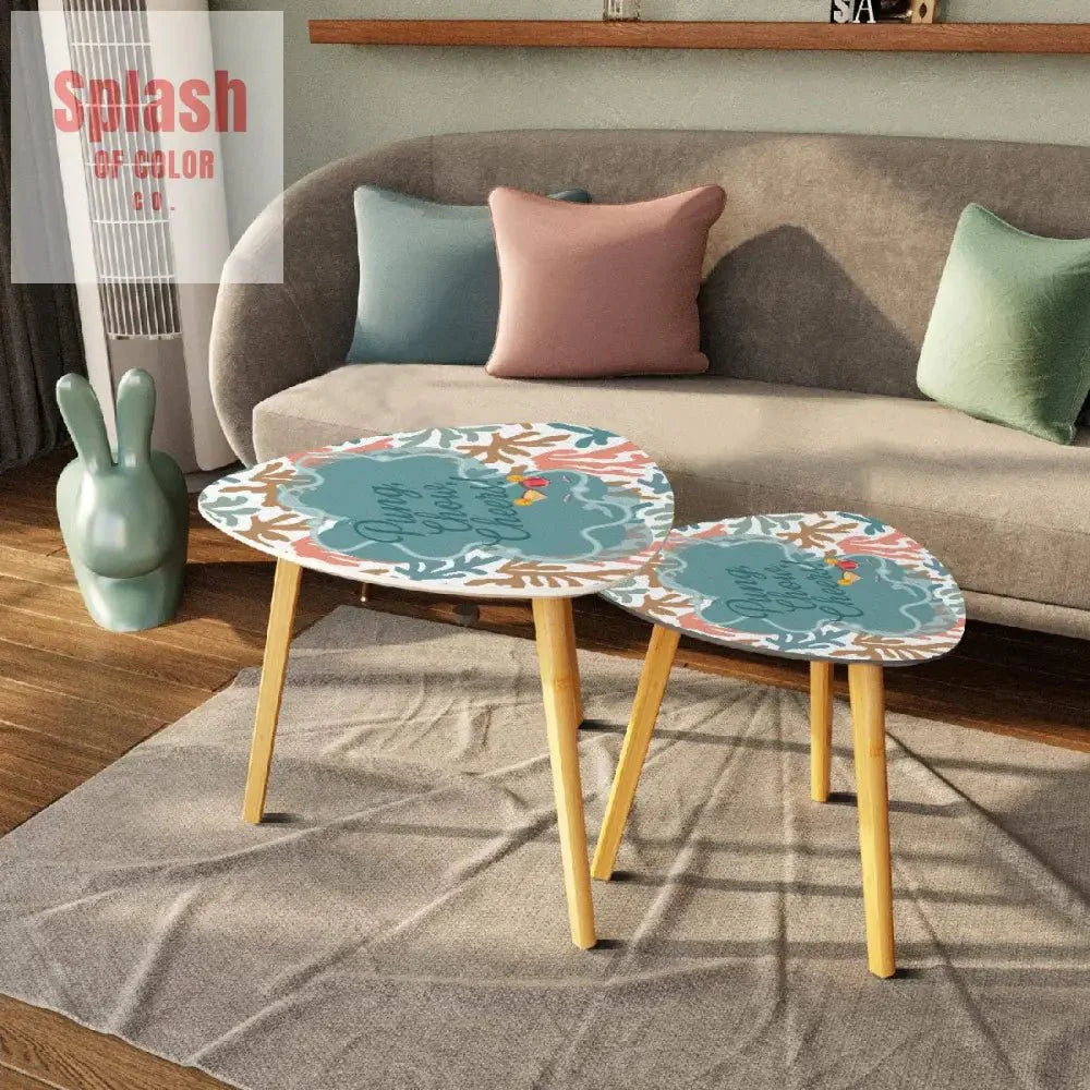 Mahjong Nesting Tables, Tropical Coral Design, Pung Chow Cheers