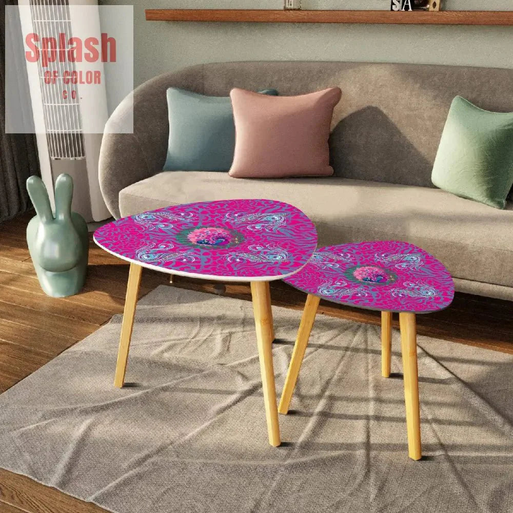 Whimsical Floral Peacock, Tortoise Pink Blue Magical Modern Nesting Tables