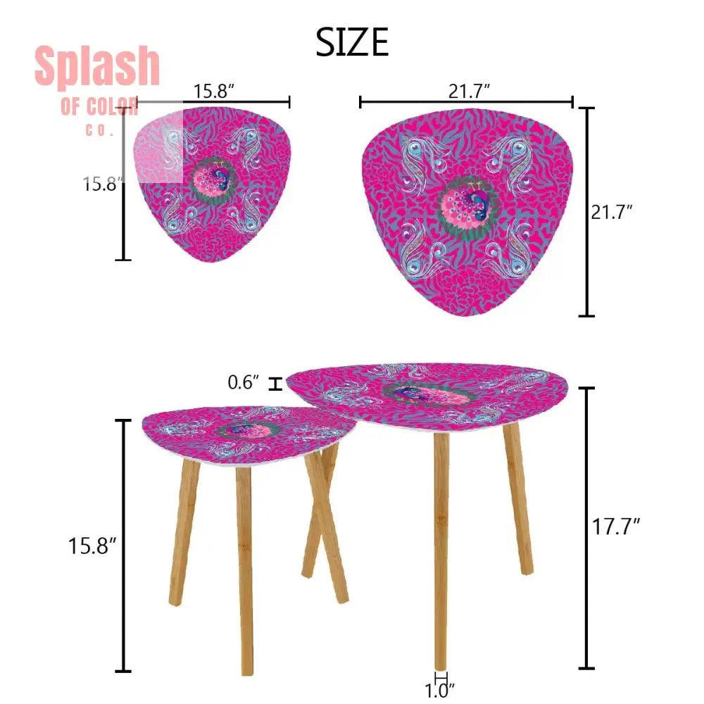 Whimsical Floral Peacock, Tortoise Pink Blue Magical Modern Nesting Tables