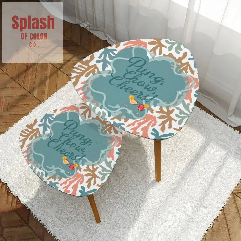 Mahjong Nesting Tables, Tropical Coral Design, Pung Chow Cheers