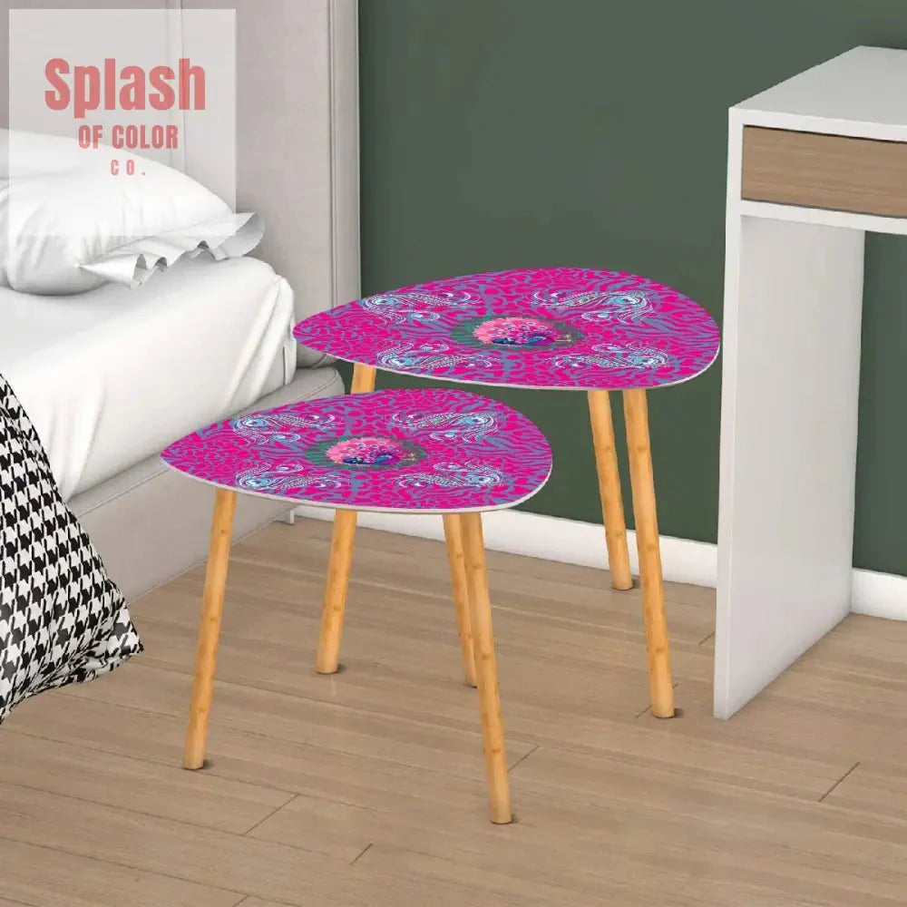 Whimsical Floral Peacock, Tortoise Pink Blue Magical Modern Nesting Tables