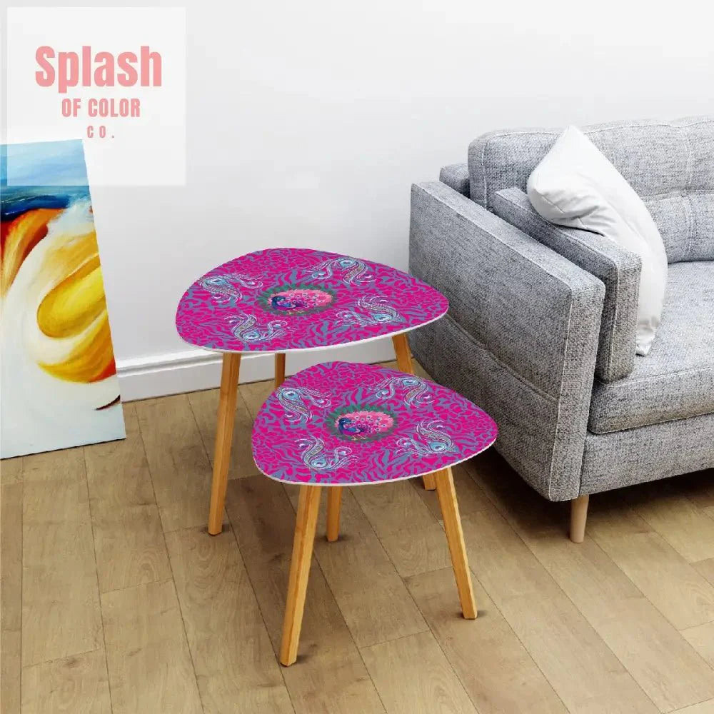 Whimsical Floral Peacock, Tortoise Pink Blue Magical Modern Nesting Tables