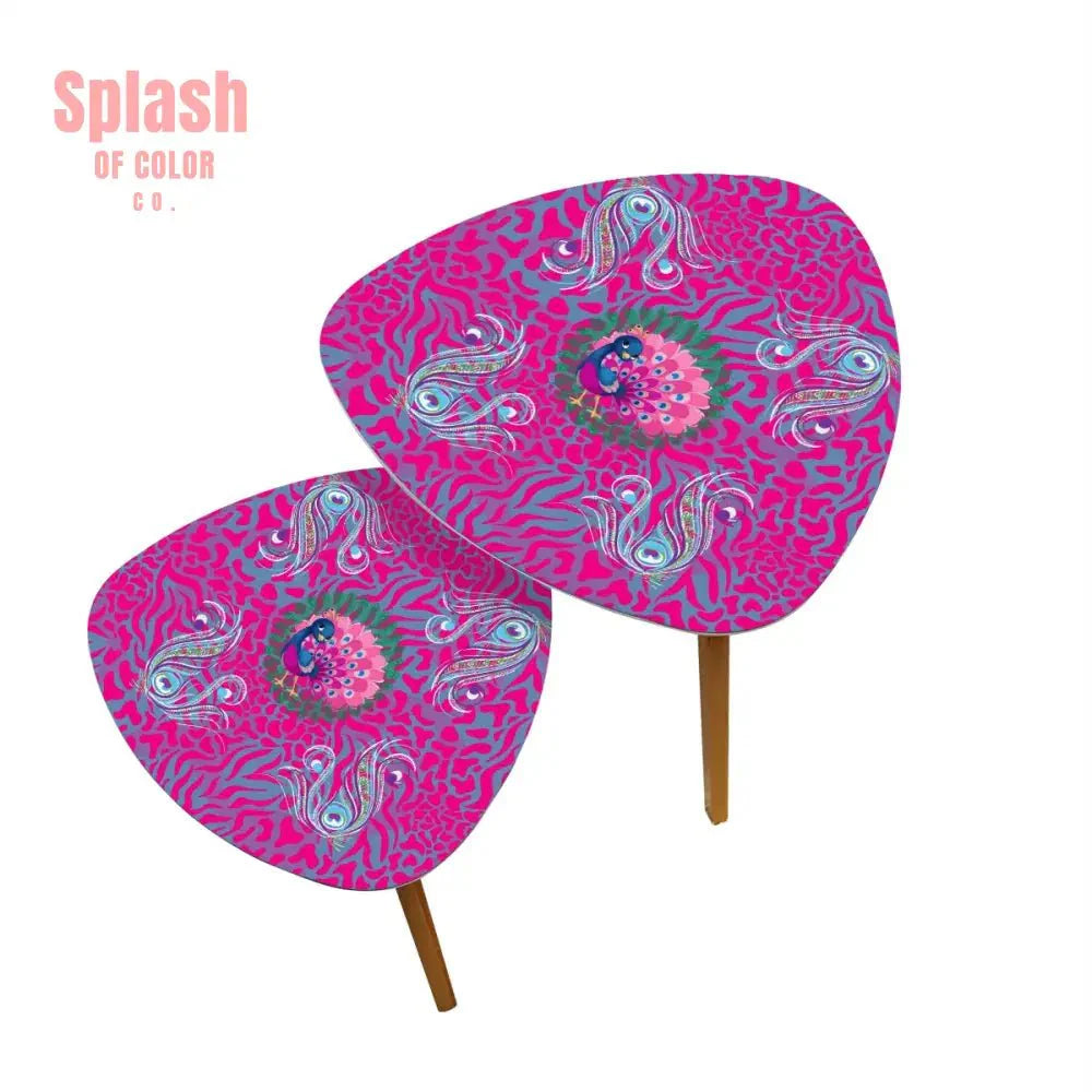Whimsical Floral Peacock, Tortoise Pink Blue Magical Modern Nesting Tables