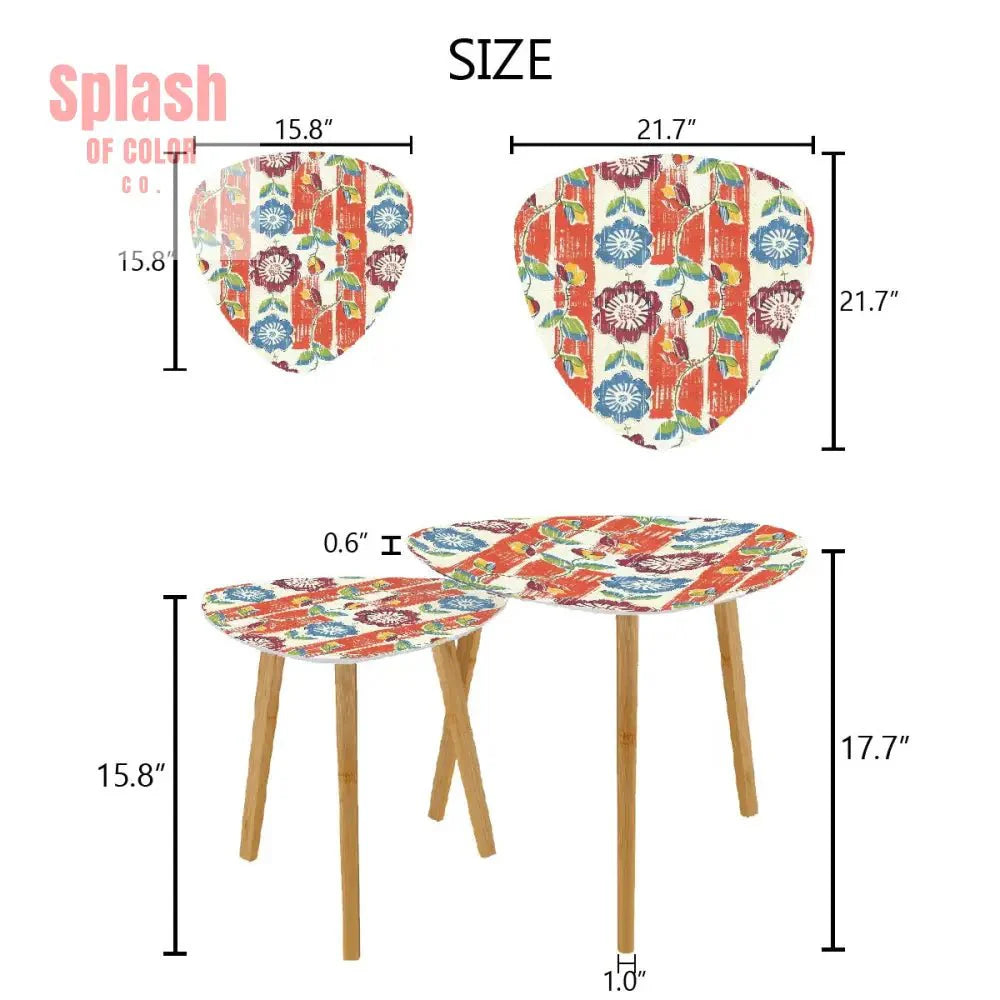 Vintage Floral Heritage Coral Blue Modern Nesting Tables Triangle Coffee Table Set of 2
