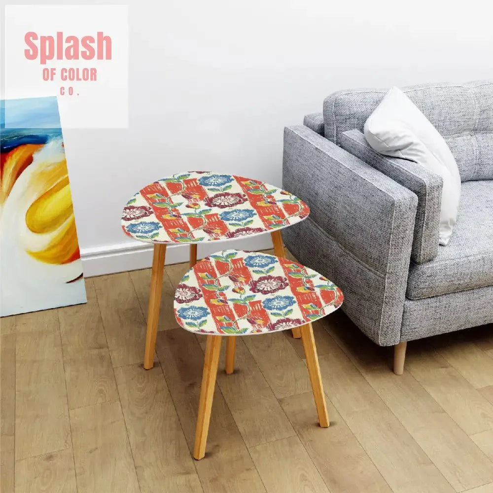 Vintage Floral Heritage Coral Blue Modern Nesting Tables Triangle Coffee Table Set of 2
