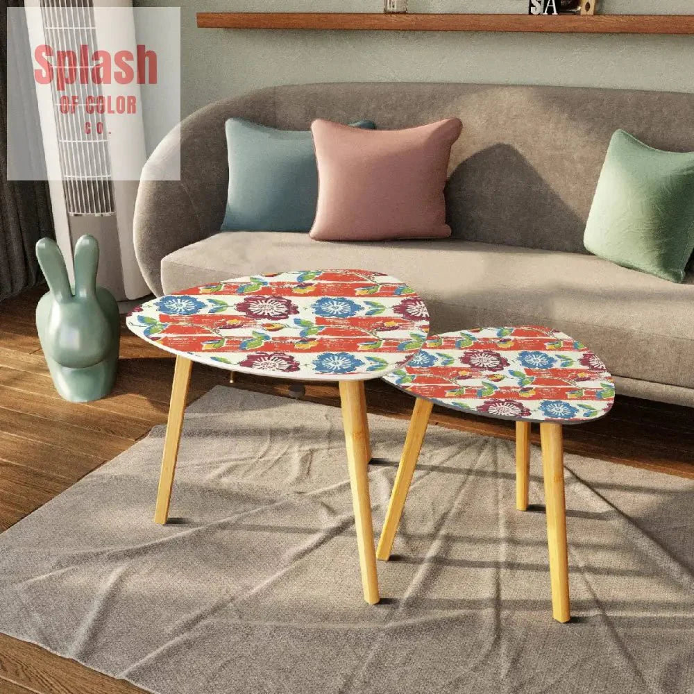 Vintage Floral Heritage Coral Blue Modern Nesting Tables Triangle Coffee Table Set of 2