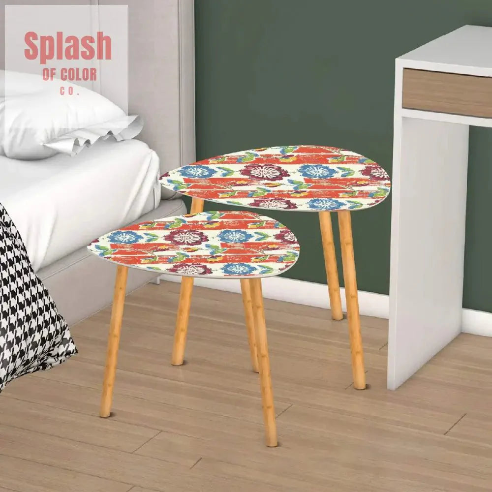 Vintage Floral Heritage Coral Blue Modern Nesting Tables Triangle Coffee Table Set of 2