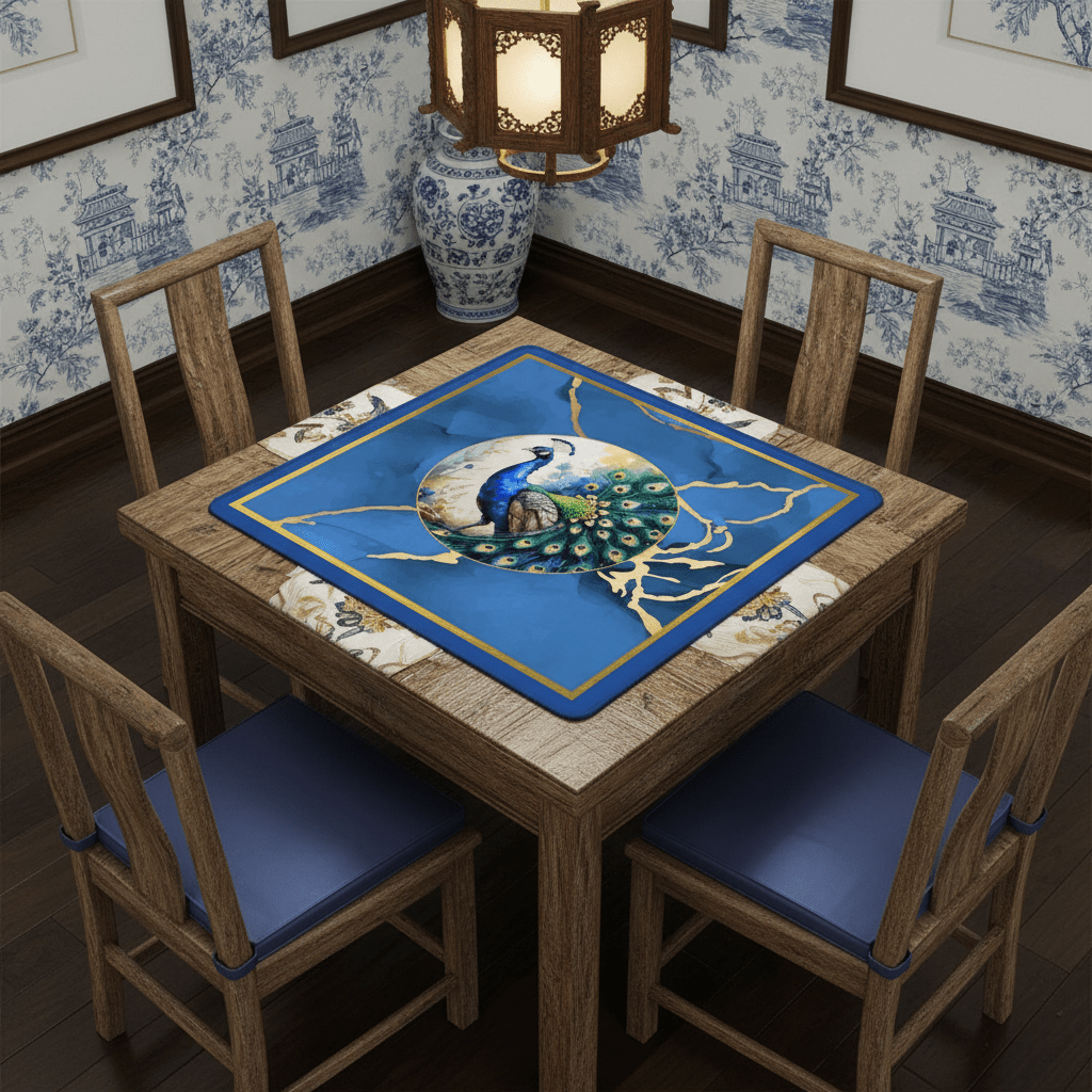 Asian Mahjong Mat Elegant Floral Watercolor Peacock, Blue Gold Marble Mahj Mat