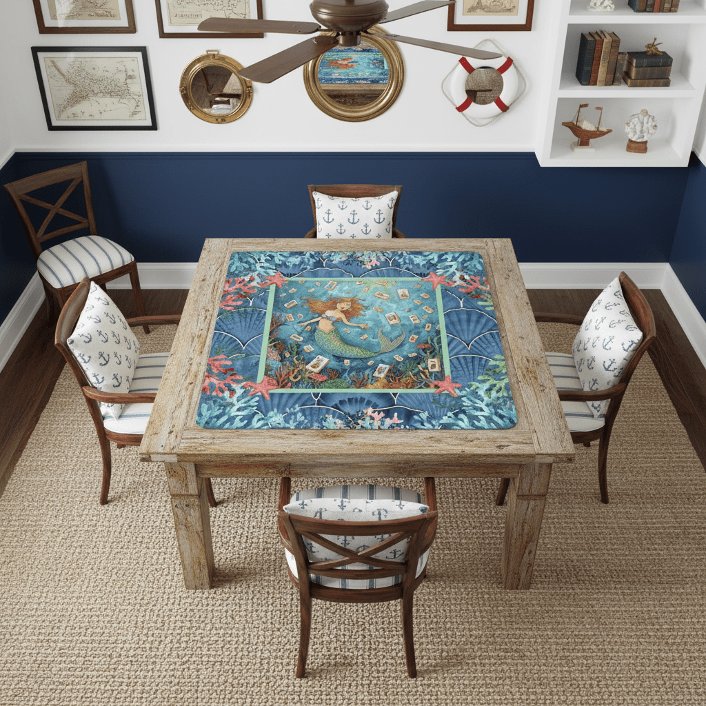Mermaid Mahjong Mat, Sea Of Life Marbled Blue And Coral Reef