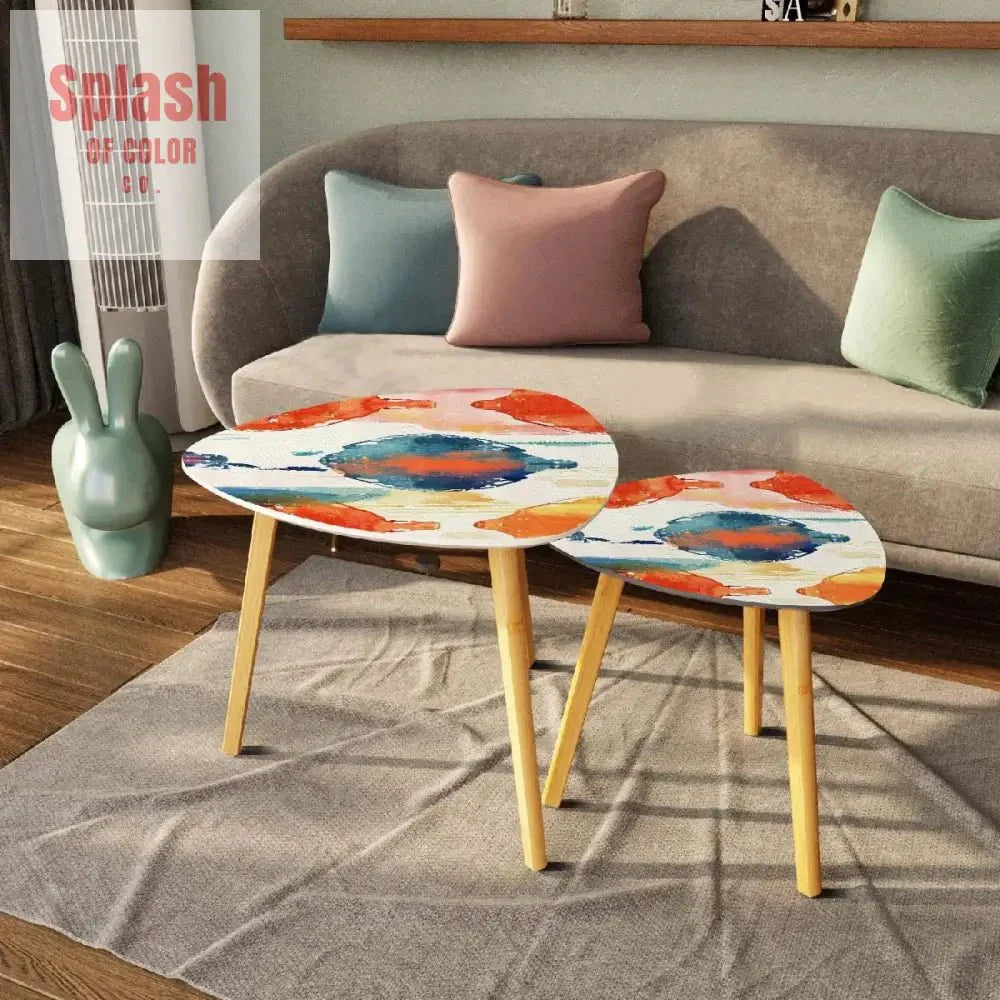 Watercolor Ikat Nesting Tables – Boho Accent Coffee Table Set, Bamboo Side Tables for Living Room & Bedroom Decor