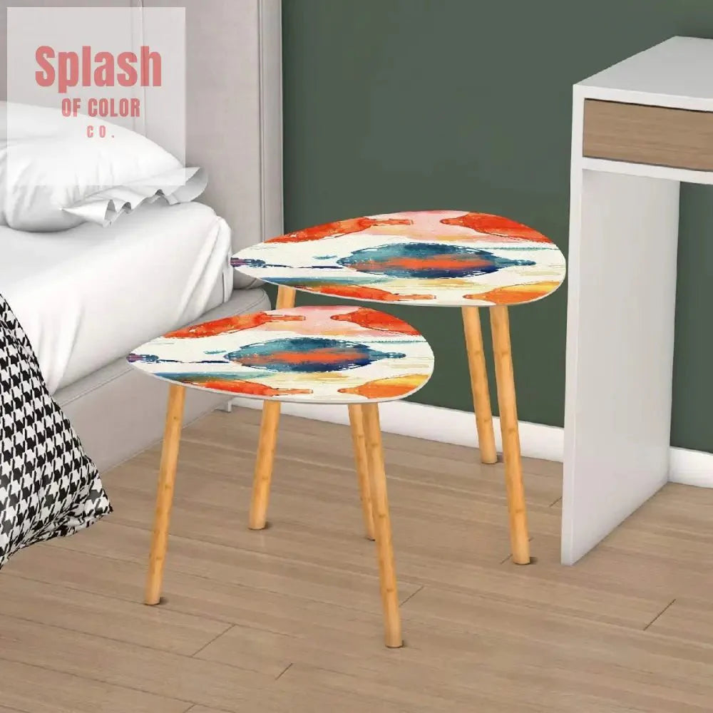 Watercolor Ikat Nesting Tables – Boho Accent Coffee Table Set, Bamboo Side Tables for Living Room & Bedroom Decor