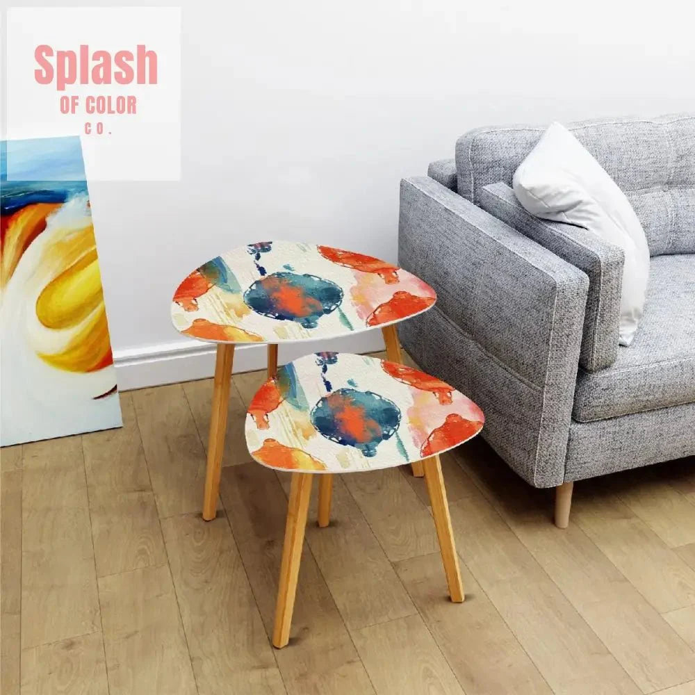 Watercolor Ikat Nesting Tables – Boho Accent Coffee Table Set, Bamboo Side Tables for Living Room & Bedroom Decor