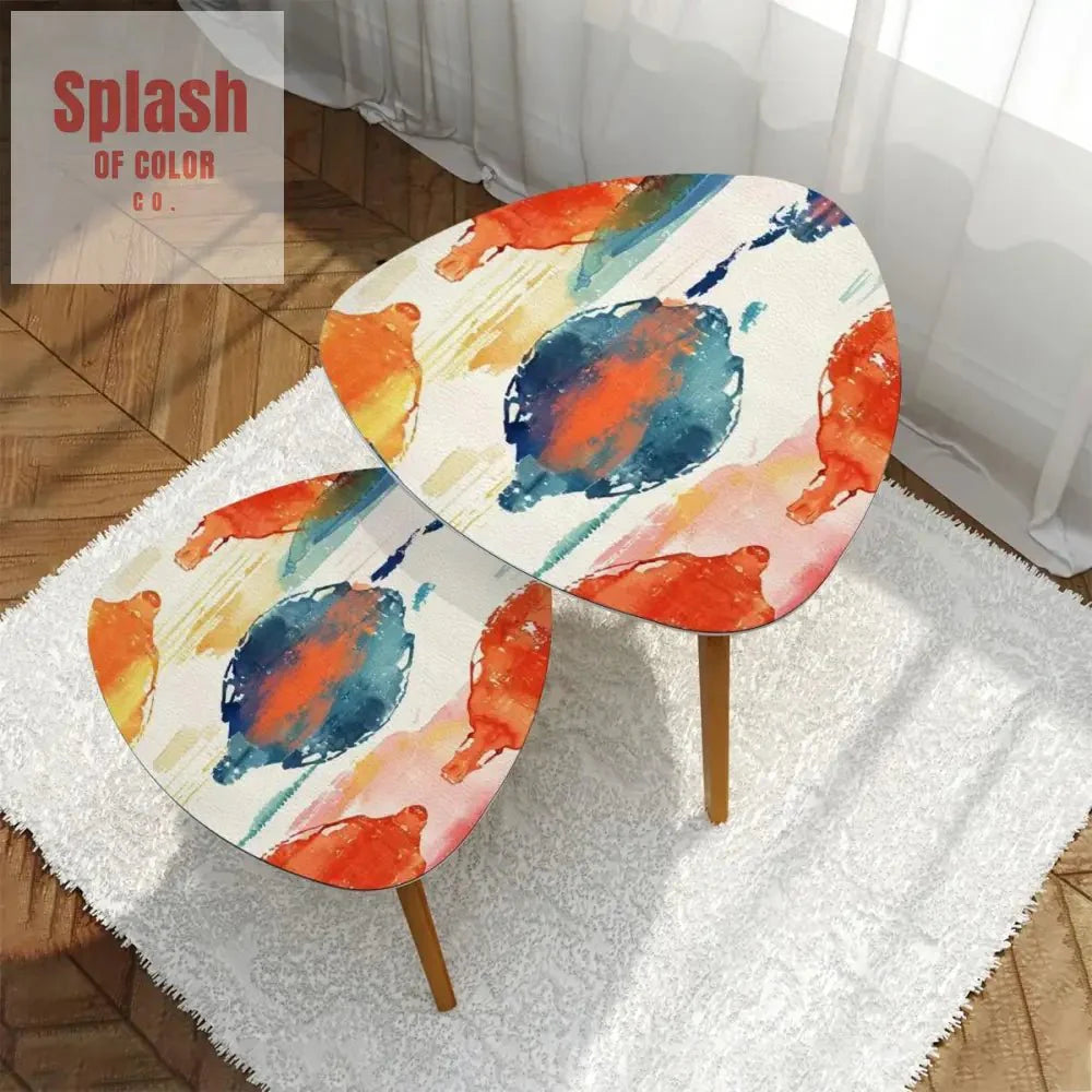 Watercolor Ikat Nesting Tables – Boho Accent Coffee Table Set, Bamboo Side Tables for Living Room & Bedroom Decor