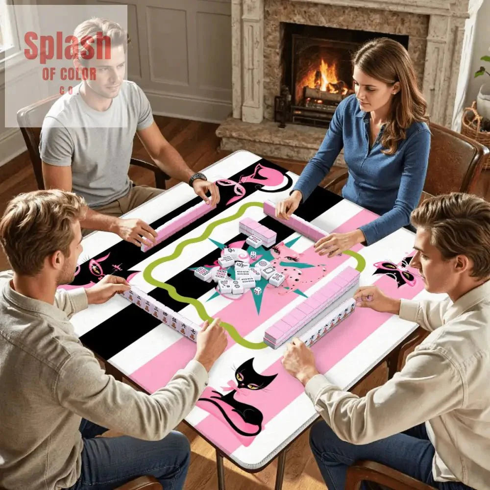 Whimsical Kitty Land, Pink Black Feline Fine Mahjong Mat