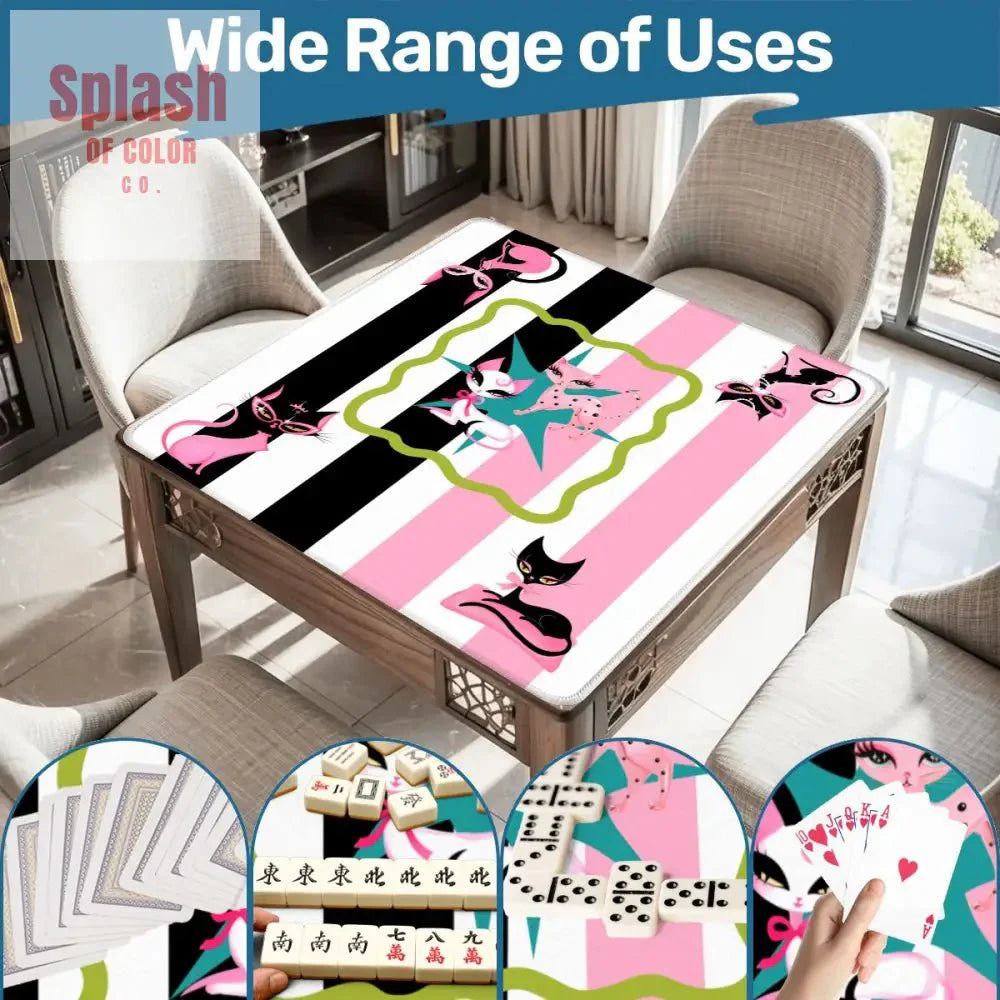 Whimsical Kitty Land, Pink Black Feline Fine Mahjong Mat