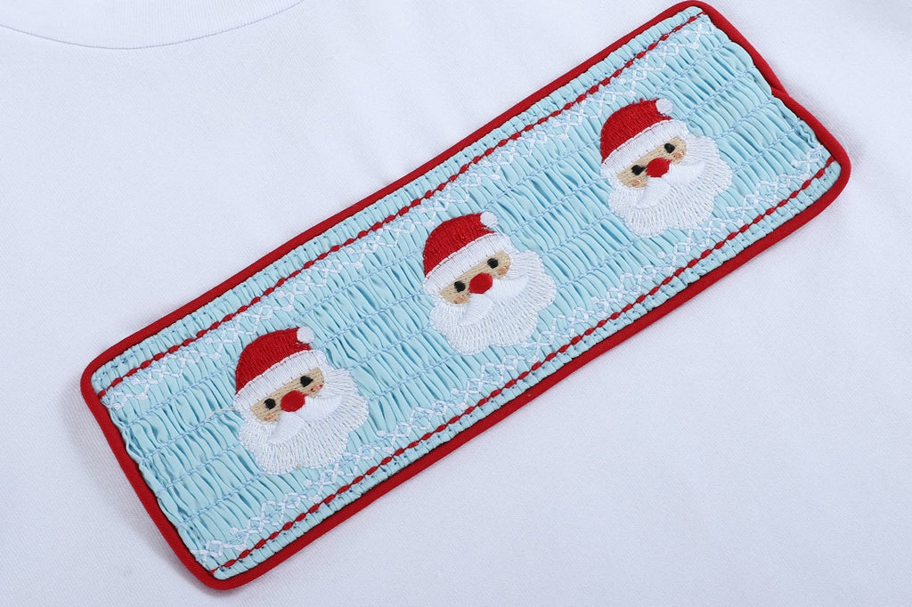 White Santa Smocked Shirt and Blue Pants Set
